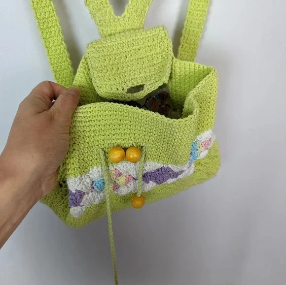 Handmade Crochet Knit Mini Backpack Bag Colorful Floral Bohemian Hippie 70s - Picture 7 of 11